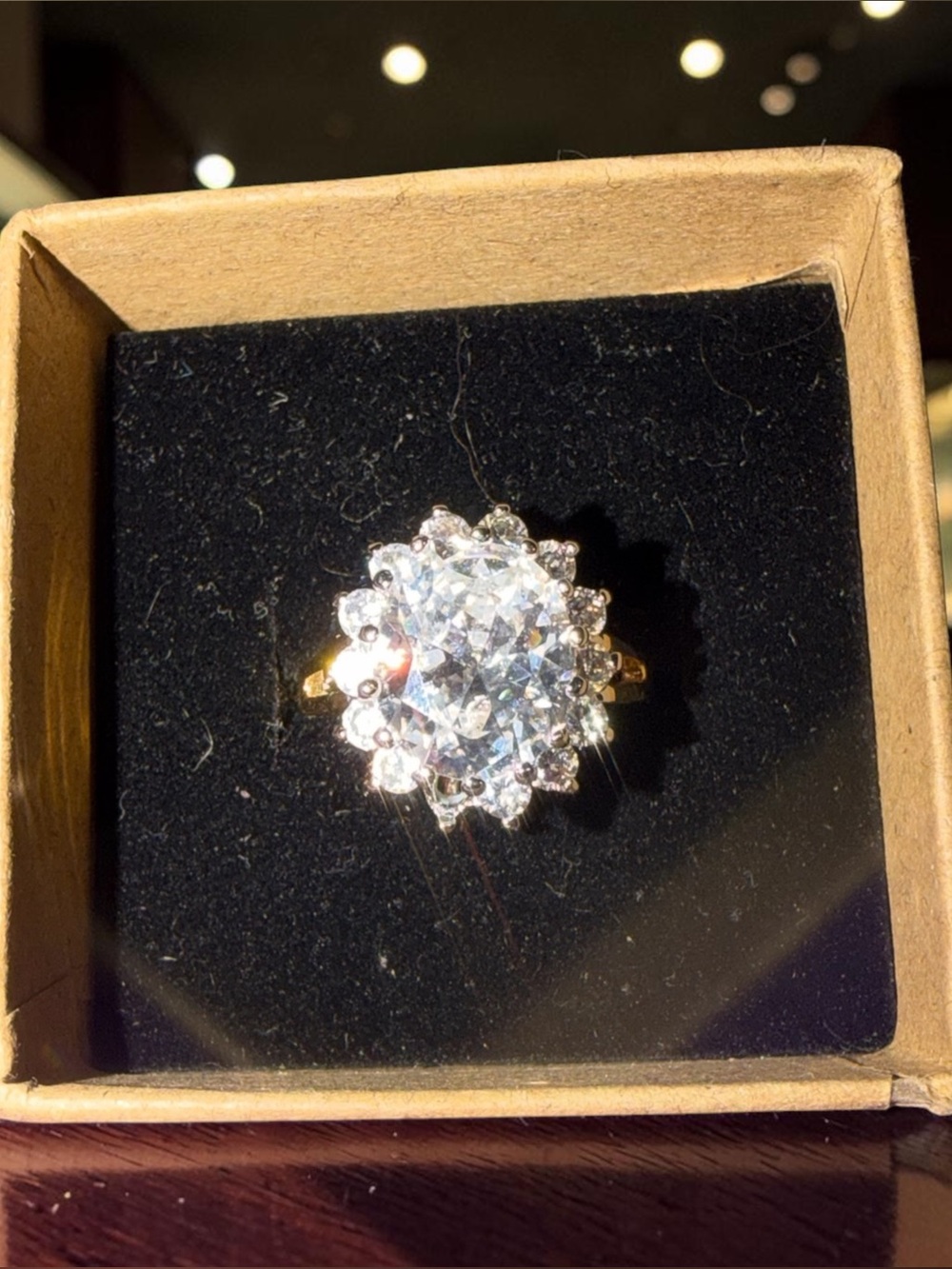 Sparkling Crystal Halo Statement Ring | Gold-Tone Royal Cluster Band Size 6.5